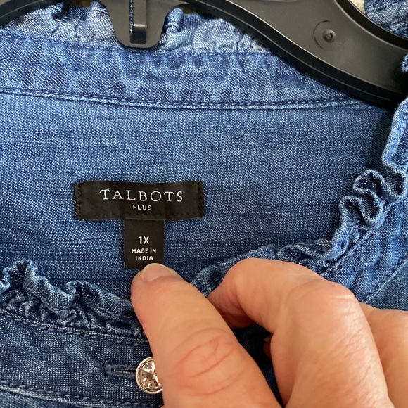 Talbots 1X denim shirt with ruffles and diamond like buttons. - Picture 7 of 10